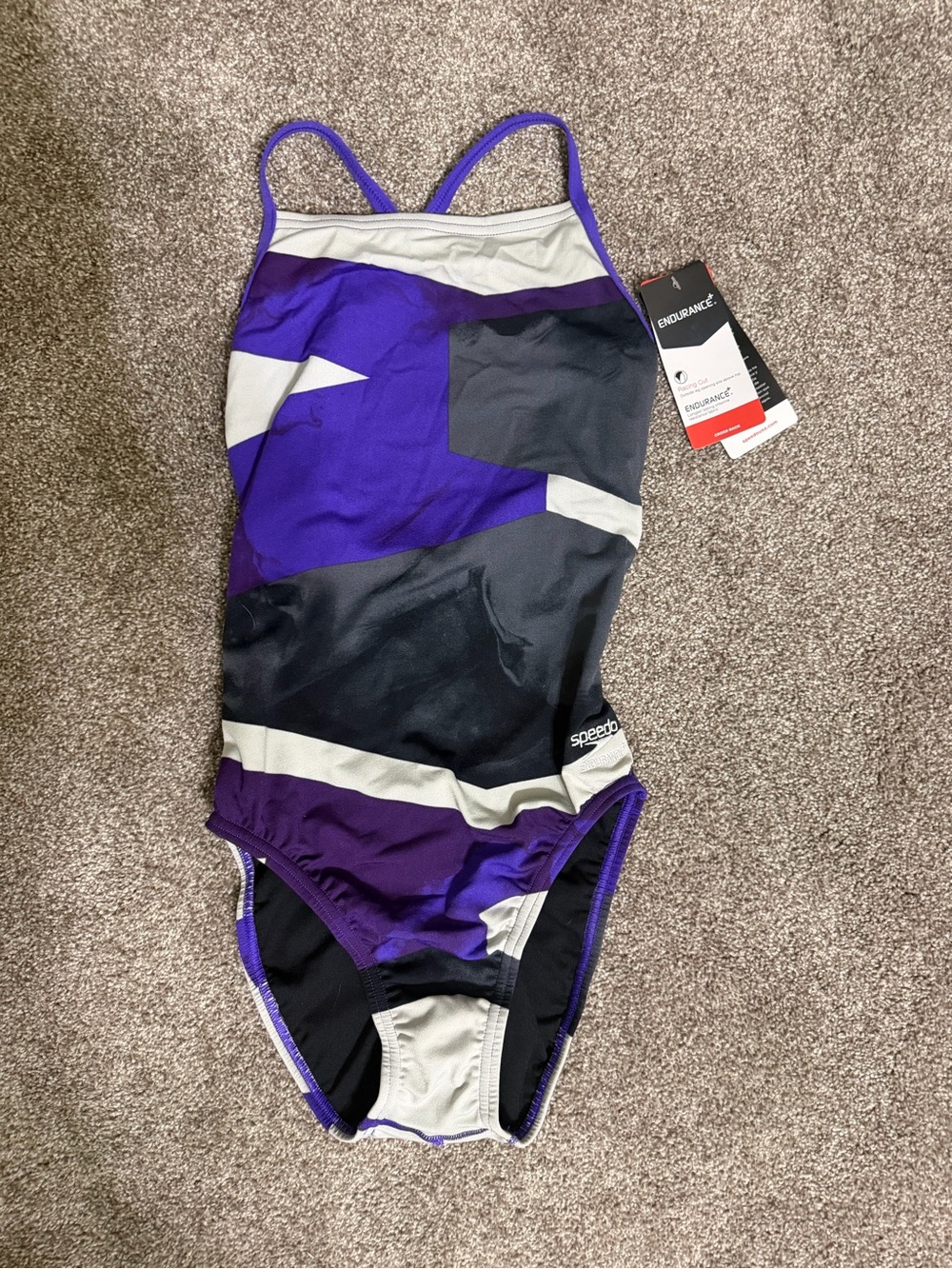 Speedo Endurance Purple Black and Cream Geometric One-Piece Competition Swimsuit
